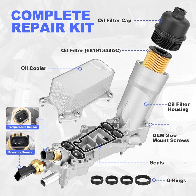 GEARFLEX Aluminum Engine Oil Cooler Filter Housing Assembly with Sensors & Gaskets Compatible with 2011-2016 Jeep Dodge Chrysler Ram 3.6L V6 Replace for 926-959 926-876 5184294AE 68105583AC - Image 4